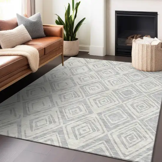 Pewter And Ivory Diamond Washable Area Rug With UV Protection Photo 6