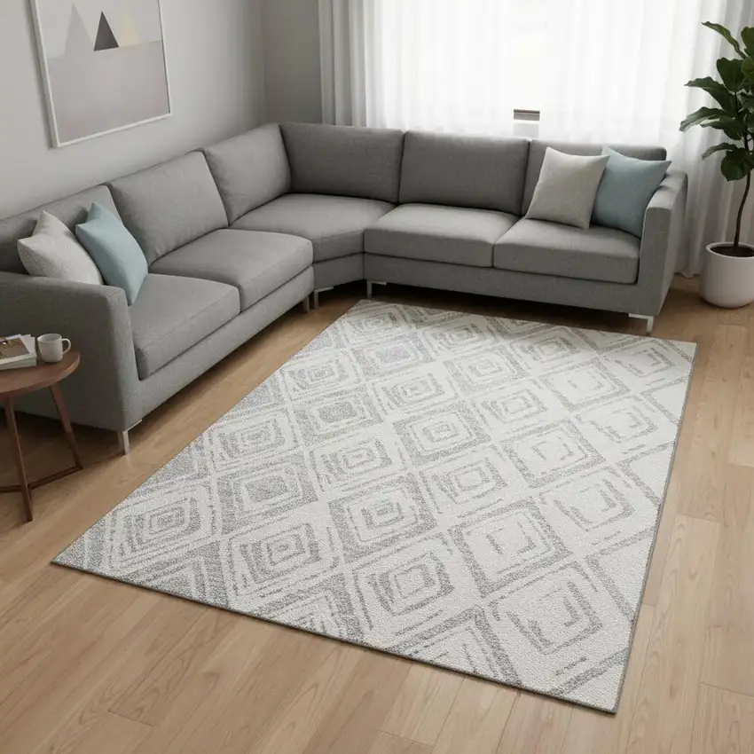 Pewter And Ivory Diamond Washable Area Rug With UV Protection Photo 2