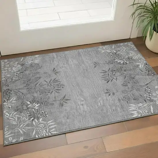 Pewter And Ivory Floral Washable Area Rug With UV Protection Photo 1