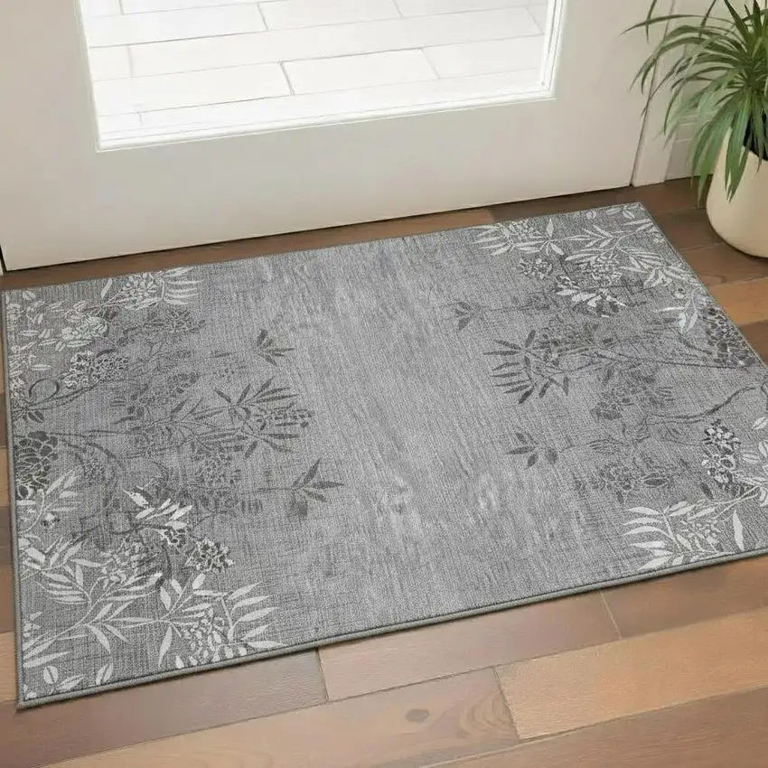 Pewter And Ivory Floral Washable Area Rug With UV Protection Photo 1