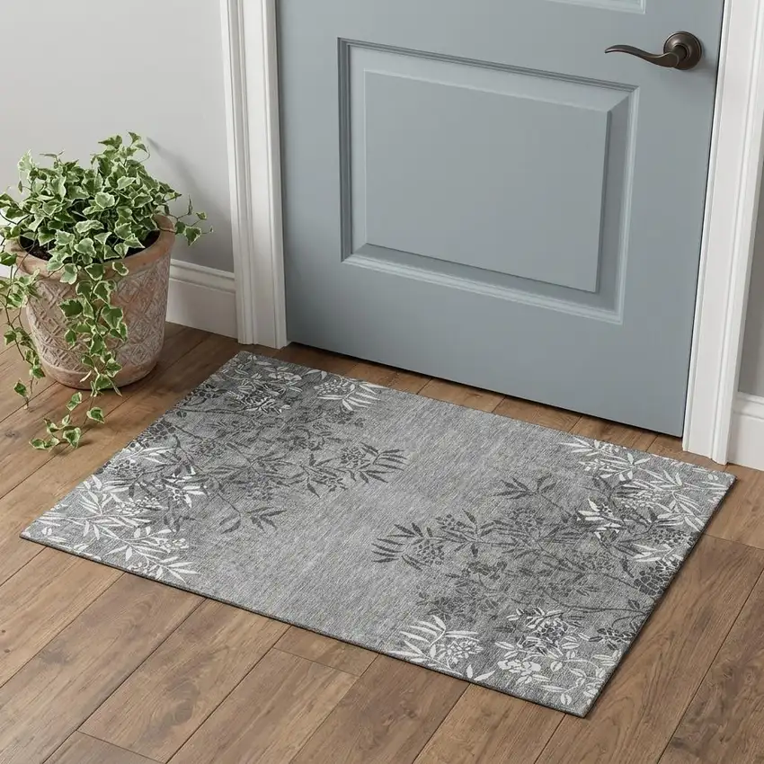 Pewter And Ivory Floral Washable Area Rug With UV Protection Photo 1