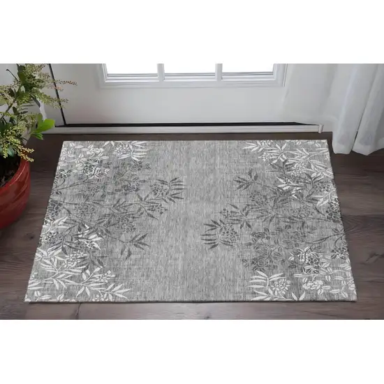 Pewter And Ivory Floral Washable Area Rug With UV Protection Photo 2