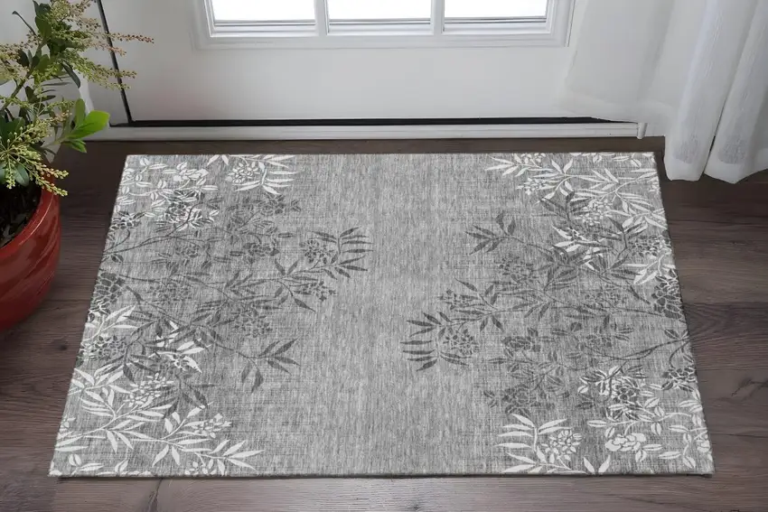 Pewter And Ivory Floral Washable Area Rug With UV Protection Photo 2