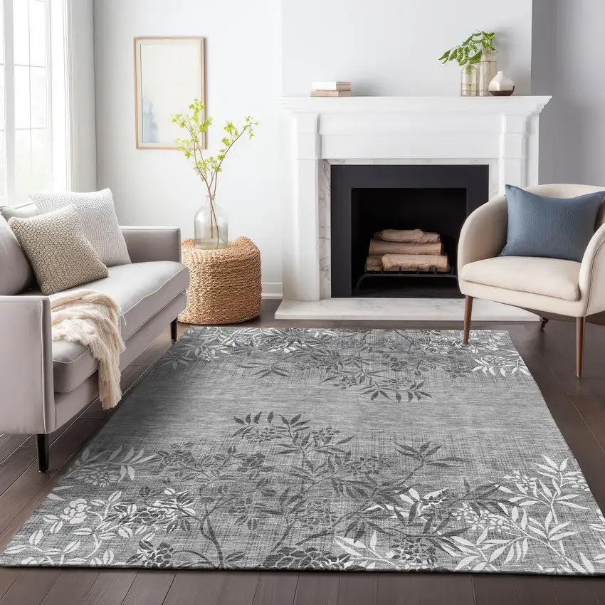 Pewter And Ivory Floral Washable Area Rug With UV Protection Photo 3