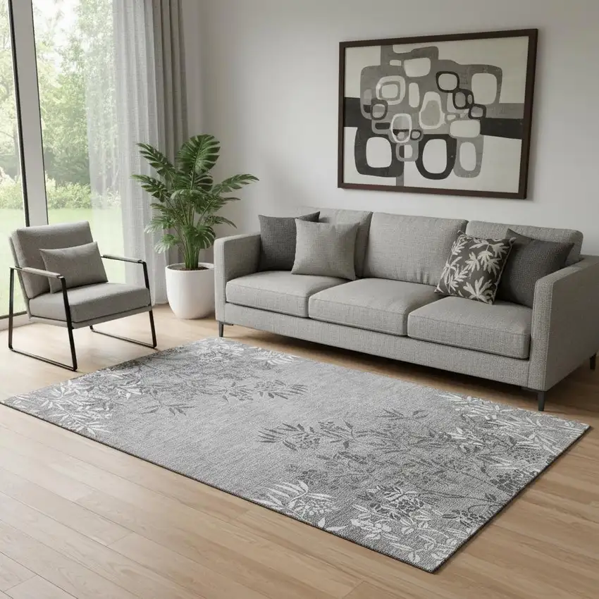 Pewter And Ivory Floral Washable Area Rug With UV Protection Photo 1