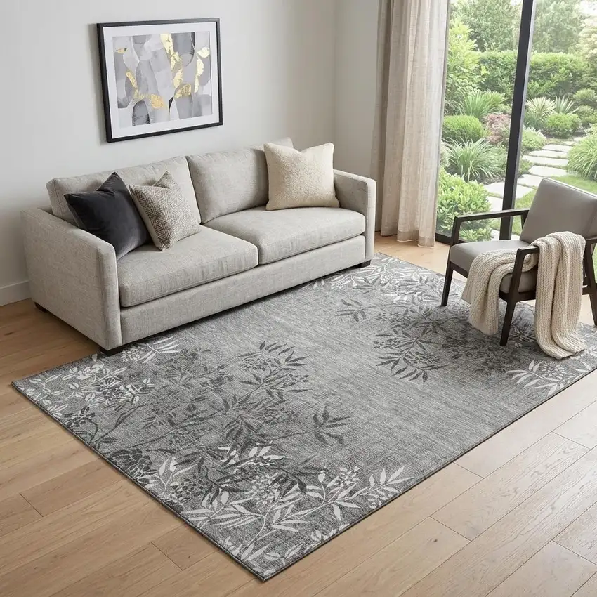 Pewter And Ivory Floral Washable Area Rug With UV Protection Photo 1