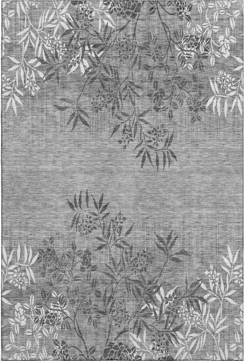 Pewter And Ivory Floral Washable Area Rug With UV Protection Photo 2