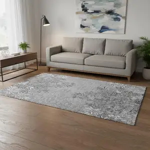 Photo of Pewter And Ivory Floral Washable Area Rug With UV Protection