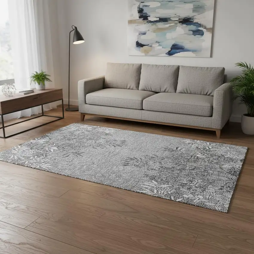 Pewter And Ivory Floral Washable Area Rug With UV Protection Photo 1