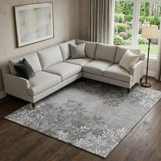 Pewter And Ivory Floral Washable Area Rug With UV Protection Photo 1