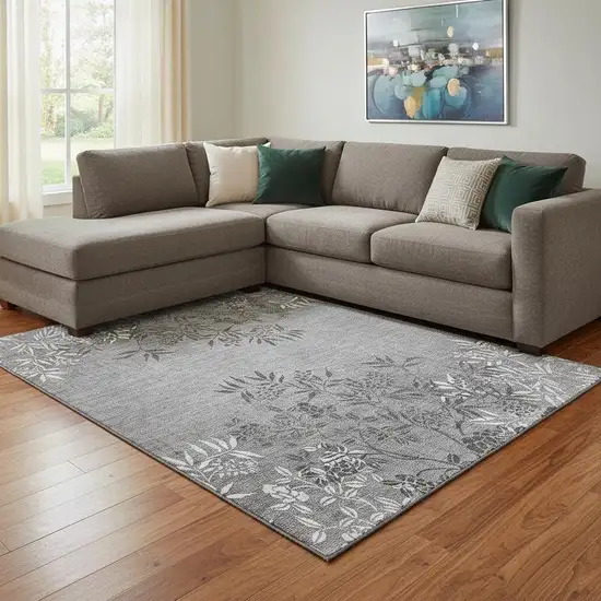 Pewter And Ivory Floral Washable Area Rug With UV Protection Photo 1