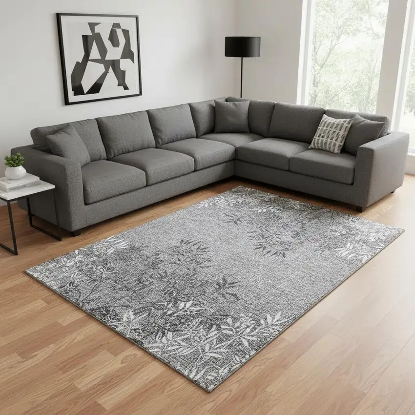 Pewter And Ivory Floral Washable Area Rug With UV Protection Photo 1