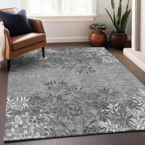 Pewter And Ivory Floral Washable Area Rug With UV Protection Photo 4