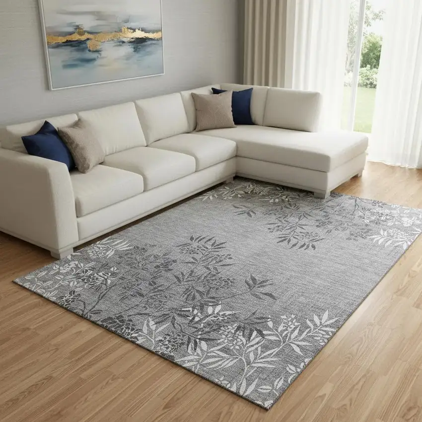 Pewter And Ivory Floral Washable Area Rug With UV Protection Photo 1