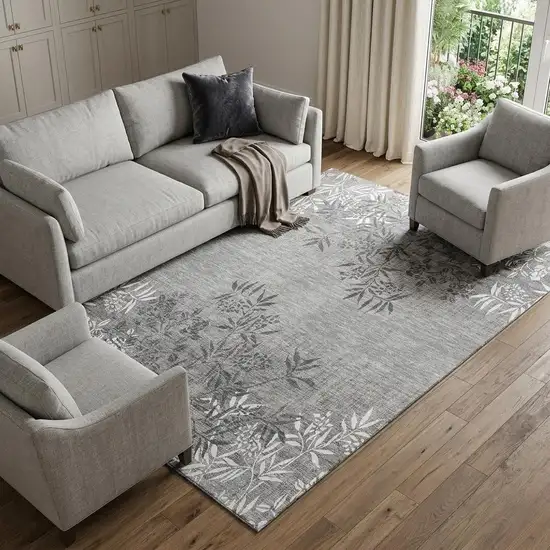 Pewter And Ivory Floral Washable Area Rug With UV Protection Photo 1