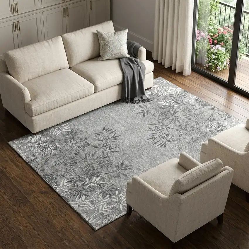 Pewter And Ivory Floral Washable Area Rug With UV Protection Photo 1