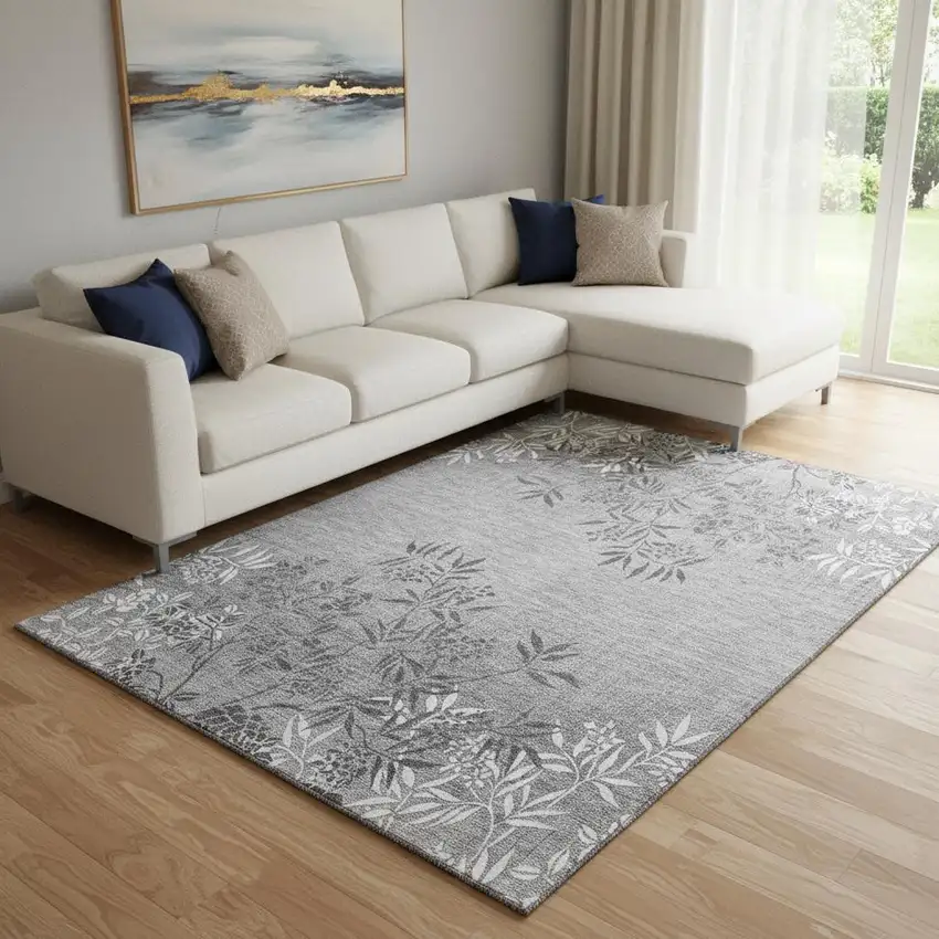 Pewter And Ivory Floral Washable Area Rug With UV Protection Photo 1