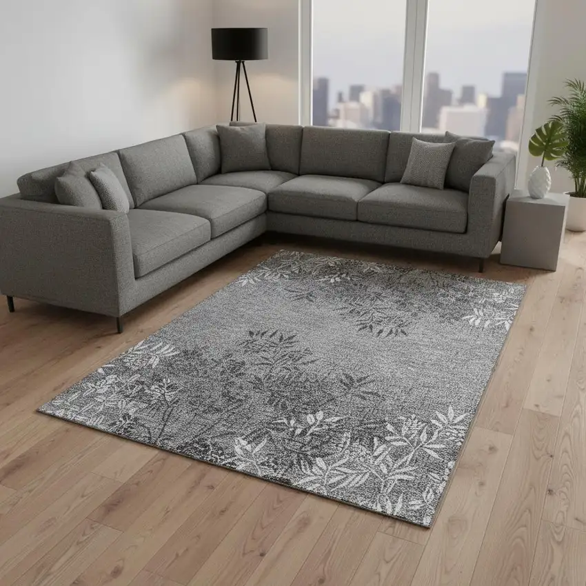 Pewter And Ivory Floral Washable Area Rug With UV Protection Photo 1