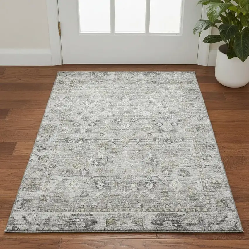 Pewter And Ivory Oriental Washable Area Rug With UV Protection Photo 2