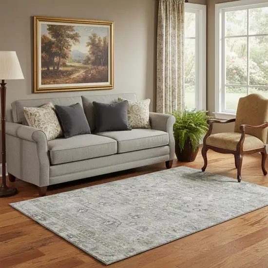 Pewter And Ivory Oriental Washable Area Rug With UV Protection Photo 1