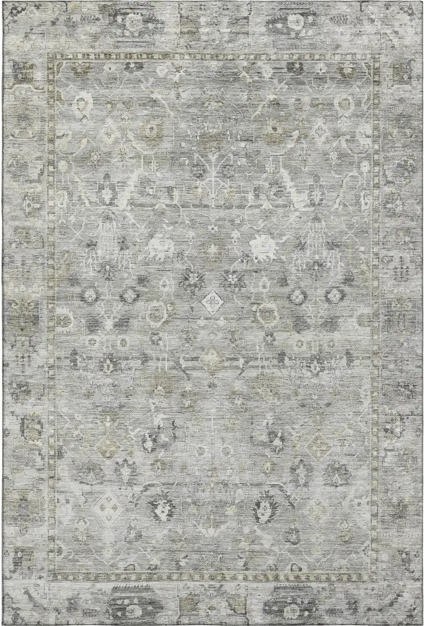 Pewter And Ivory Oriental Washable Area Rug With UV Protection Photo 1