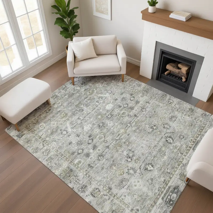Pewter And Ivory Oriental Washable Area Rug With UV Protection Photo 4
