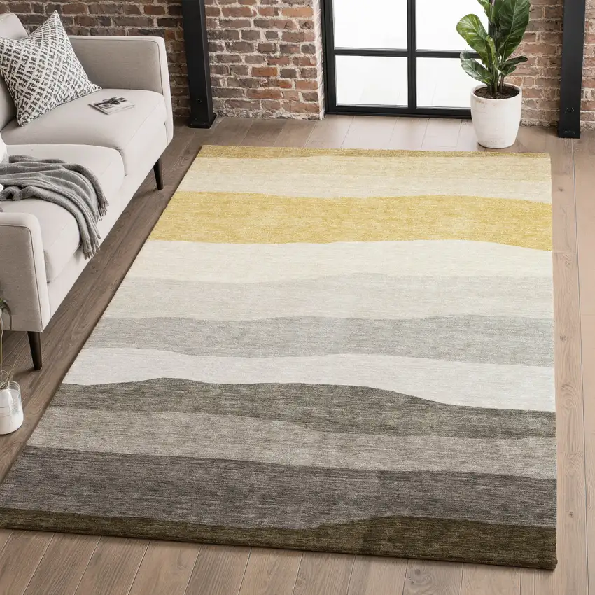 Pewter And Ivory Striped Washable Area Rug With UV Protection Photo 5