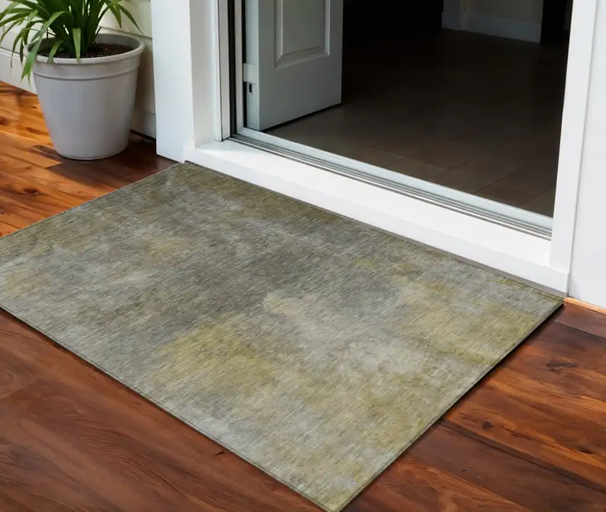 Pewter And Light Yellow Abstract Washable Indoor Outdoor Area Rug Photo 1