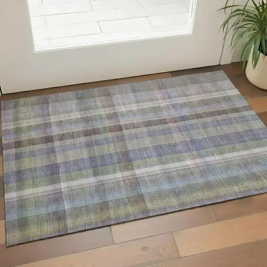 Pewter And Purple Plaid Washable Area Rug With UV Protection Photo 1
