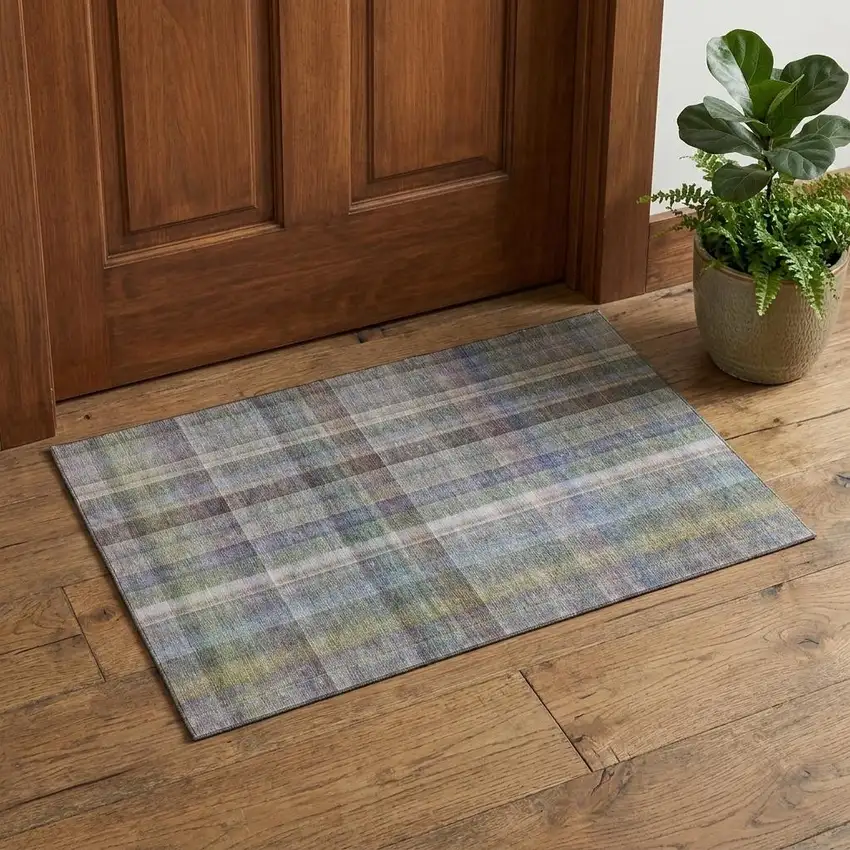 Pewter And Purple Plaid Washable Area Rug With UV Protection Photo 1