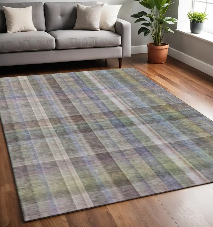 Pewter And Purple Plaid Washable Area Rug With UV Protection Photo 2