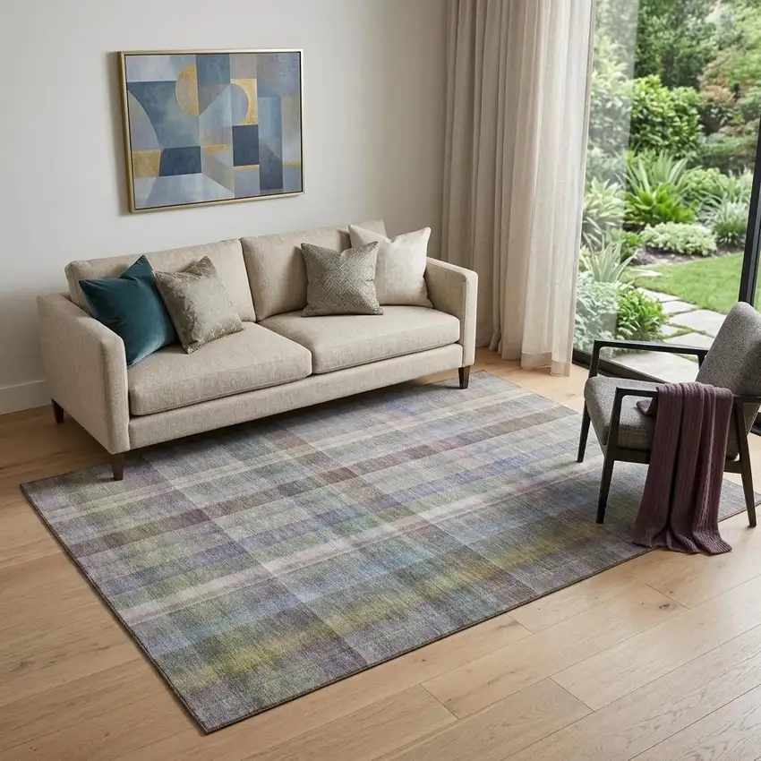 Pewter And Purple Plaid Washable Area Rug With UV Protection Photo 1