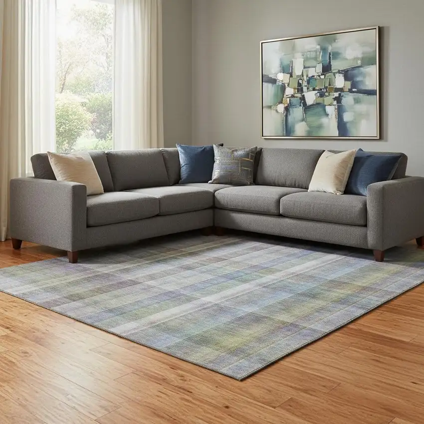 Pewter And Purple Plaid Washable Area Rug With UV Protection Photo 1