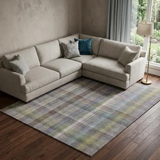 Pewter And Purple Plaid Washable Area Rug With UV Protection Photo 1