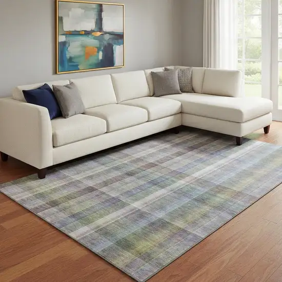 Pewter And Purple Plaid Washable Area Rug With UV Protection Photo 1