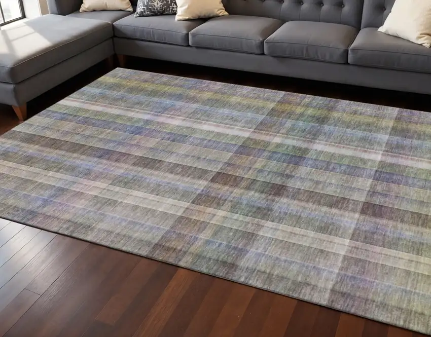 Pewter And Purple Plaid Washable Area Rug With UV Protection Photo 2