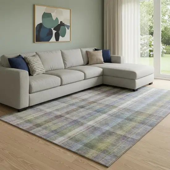 Pewter And Purple Plaid Washable Area Rug With UV Protection Photo 1