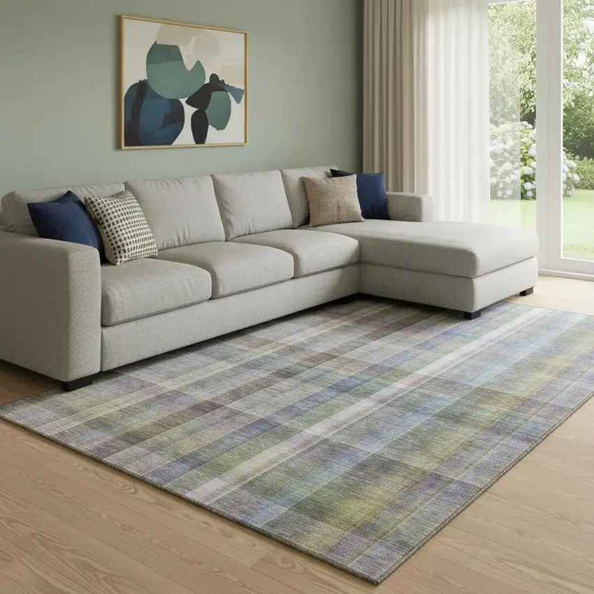 Pewter And Purple Plaid Washable Area Rug With UV Protection Photo 1