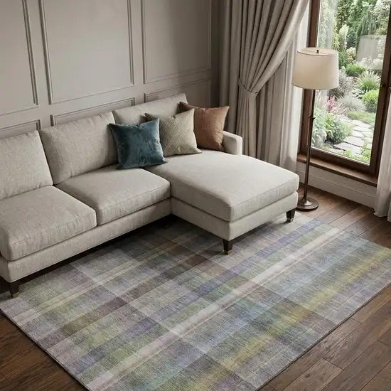 Pewter And Purple Plaid Washable Area Rug With UV Protection Photo 1