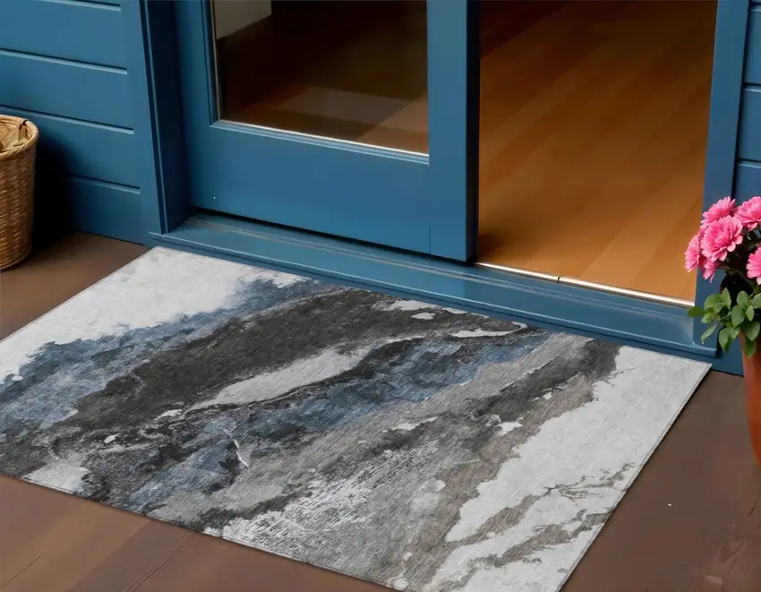 Pewter And Silver Abstract Washable Indoor Outdoor Area Rug Photo 2