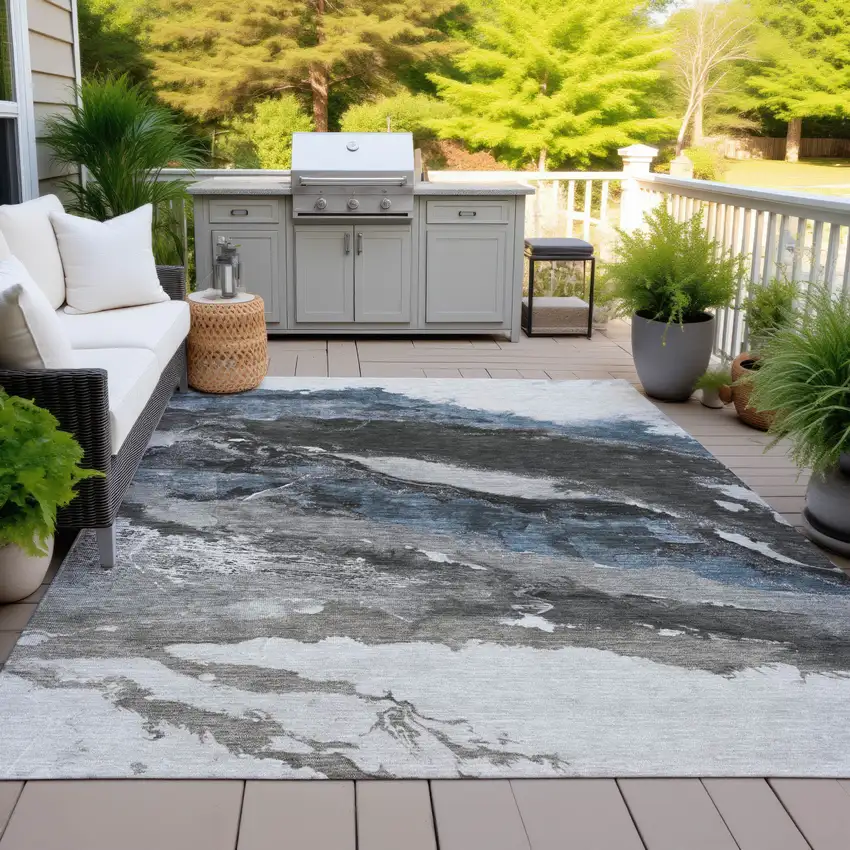 Pewter And Silver Abstract Washable Indoor Outdoor Area Rug Photo 5