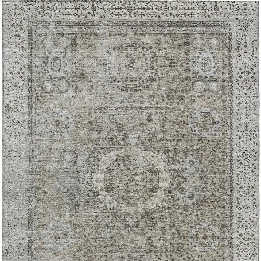 Pewter And Silver Floral Medallion Washable Indoor Outdoor Area Rug Photo 9
