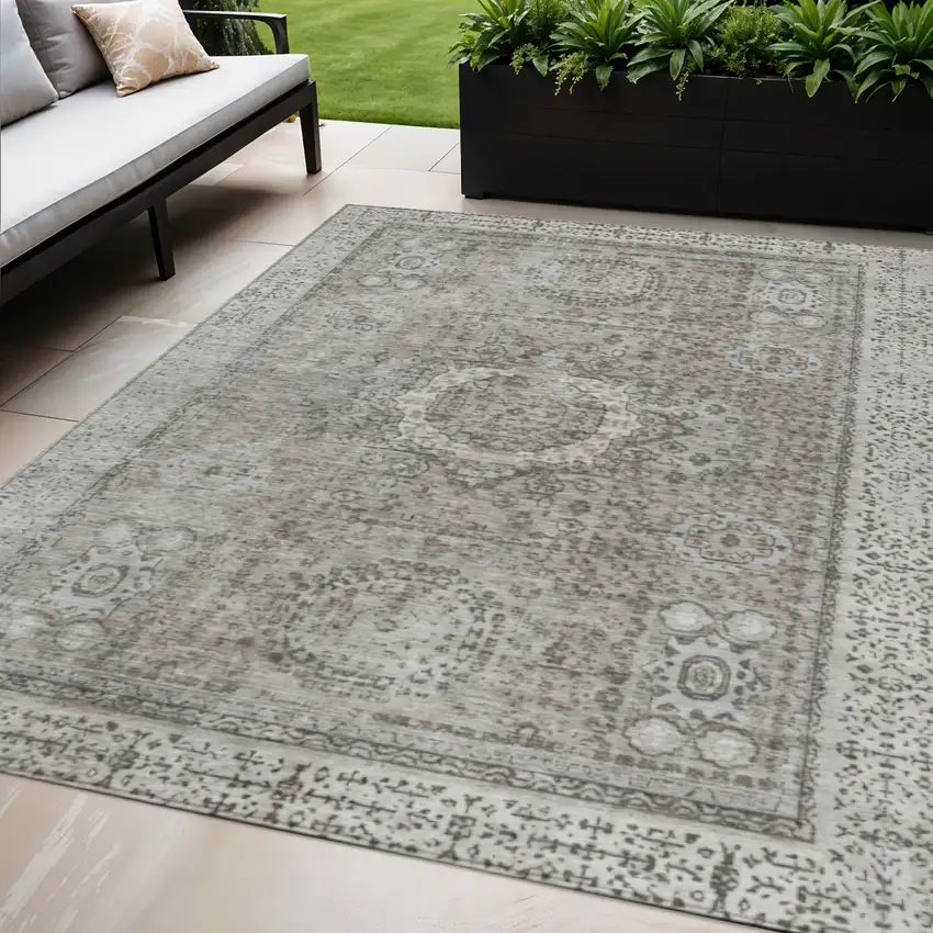 Pewter And Silver Floral Medallion Washable Indoor Outdoor Area Rug Photo 2