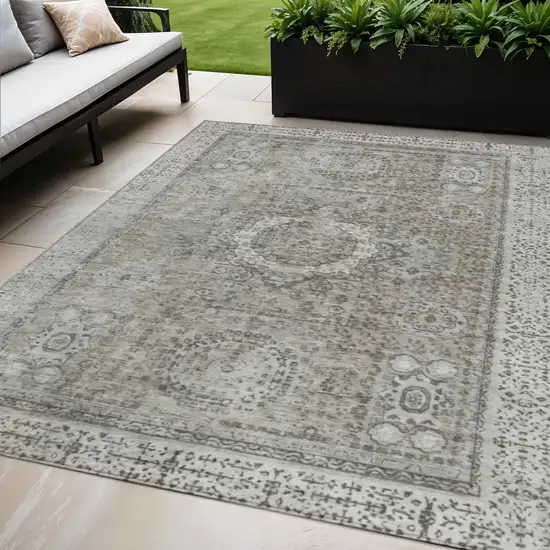 Pewter And Silver Floral Medallion Washable Indoor Outdoor Area Rug Photo 2