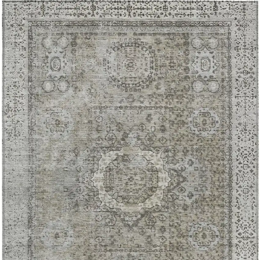 Pewter And Silver Floral Medallion Washable Indoor Outdoor Area Rug Photo 4