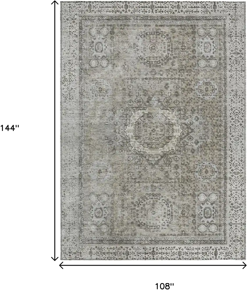 Pewter And Silver Floral Medallion Washable Indoor Outdoor Area Rug Photo 9