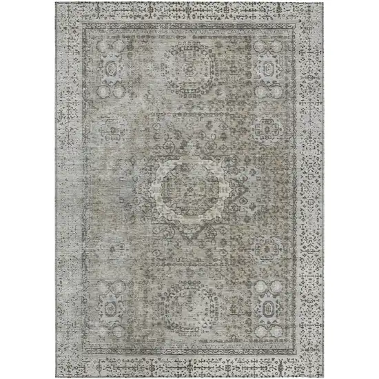 Pewter And Silver Floral Medallion Washable Indoor Outdoor Area Rug Photo 1