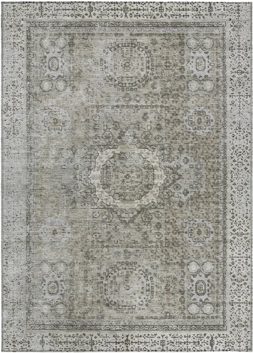 Pewter And Silver Floral Medallion Washable Indoor Outdoor Area Rug Photo 1