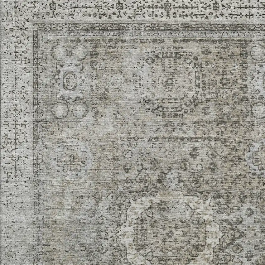 Pewter And Silver Floral Medallion Washable Indoor Outdoor Area Rug Photo 9