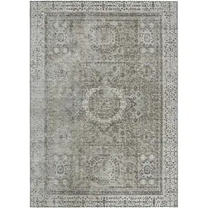 Photo of Pewter And Silver Floral Medallion Washable Indoor Outdoor Area Rug